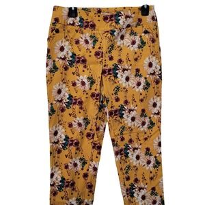 Cato Floral Daisy Print Pants Women 8 Mustard Yellow Mid Rise Slim Stretch